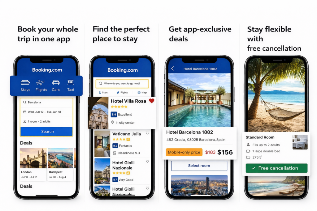 Booking.com app features on display