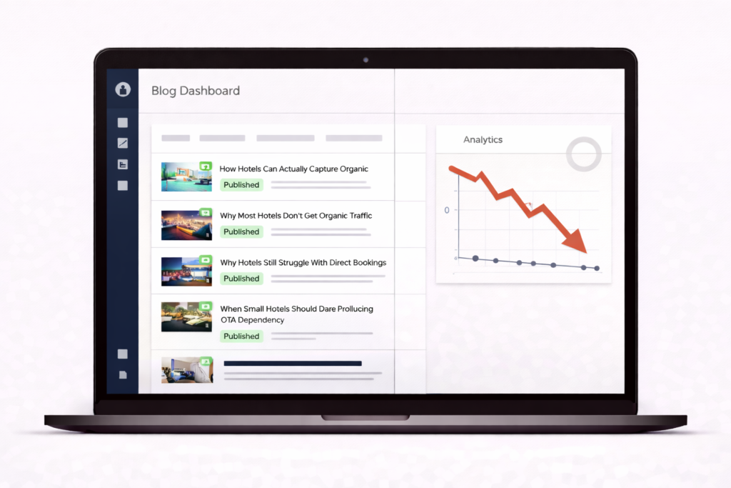 hotel content marketing with no traffic analytics showing zero organic visitors